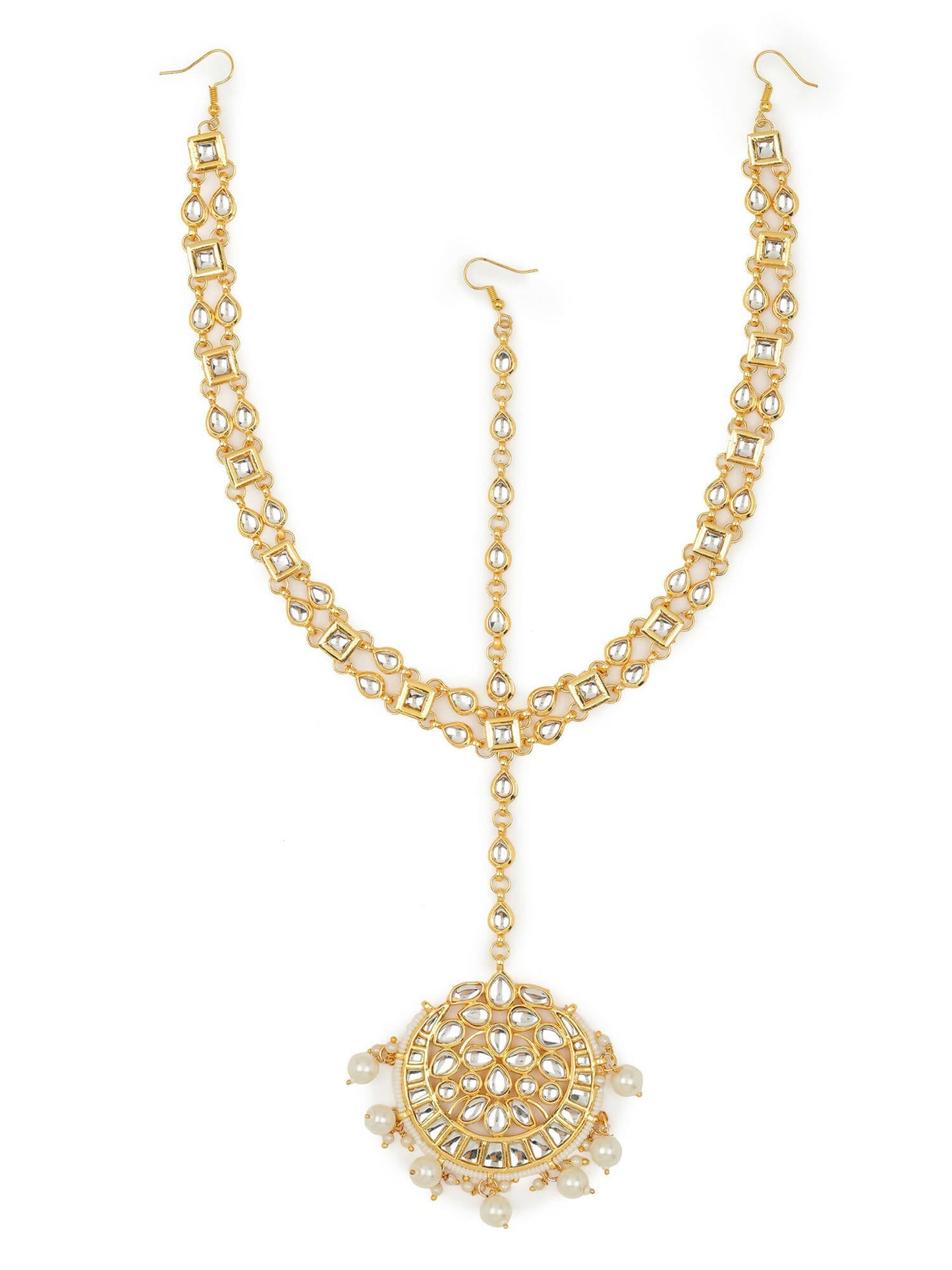Gold-Polished White Kundan-Studded Pearl Beaded Matha Patti - Ruby Raang