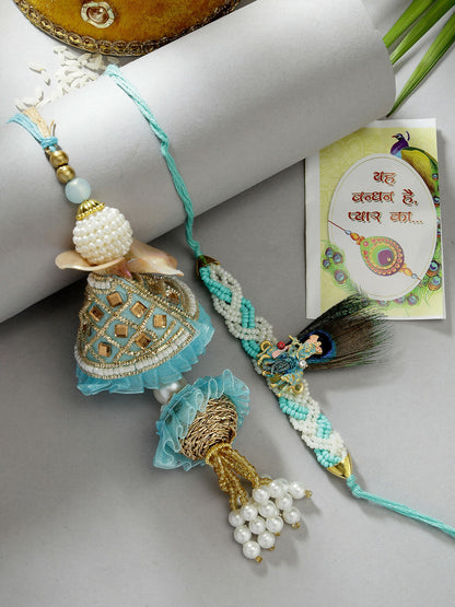 NVR Women & Men Set of 2 Blue Krishna Pearl Bhaiya Bhabhi Rakhi With Roli Chawal & Chocolate