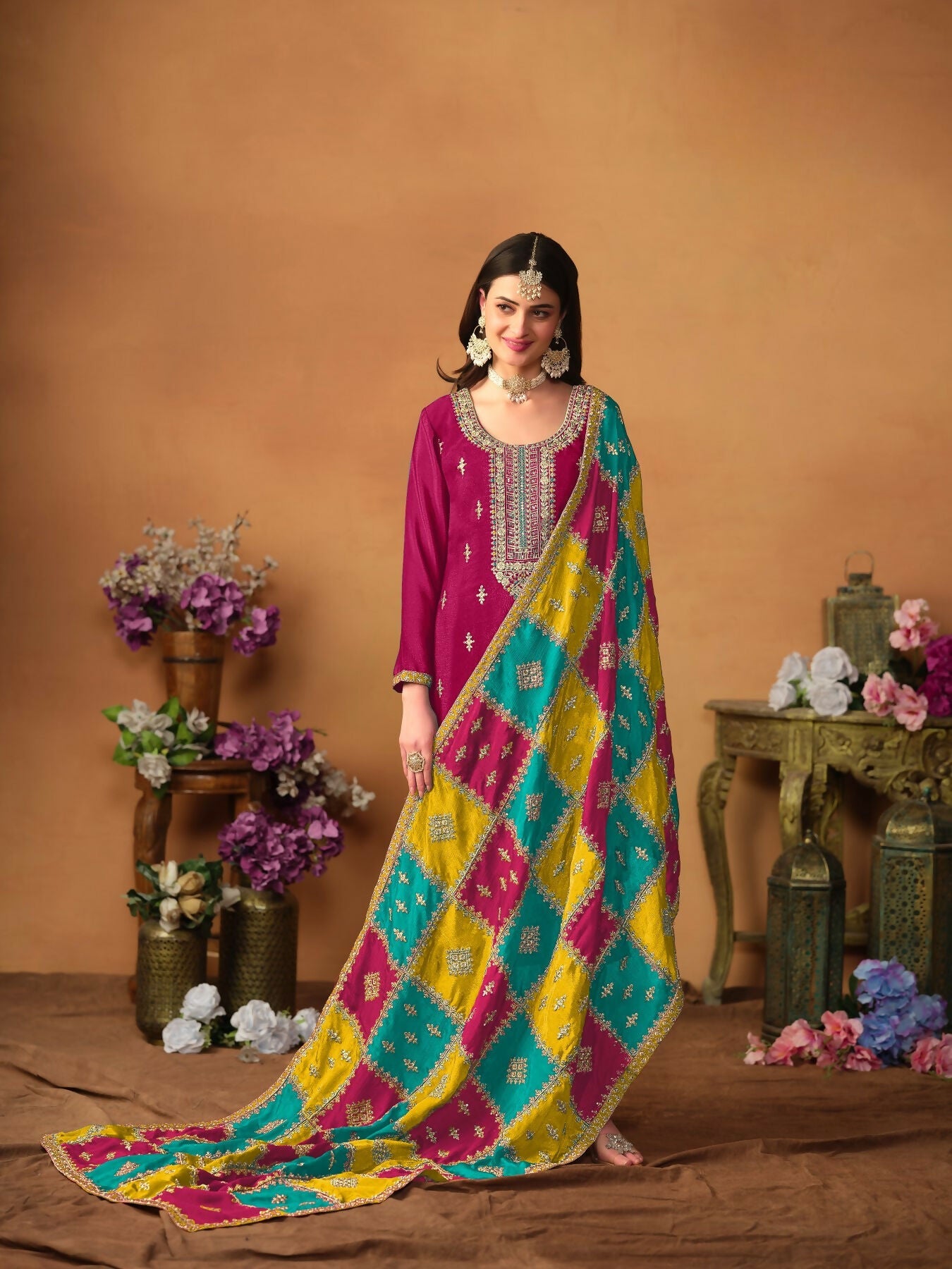 Anaita Wine Embroidered Soft Organza Salwar Suit