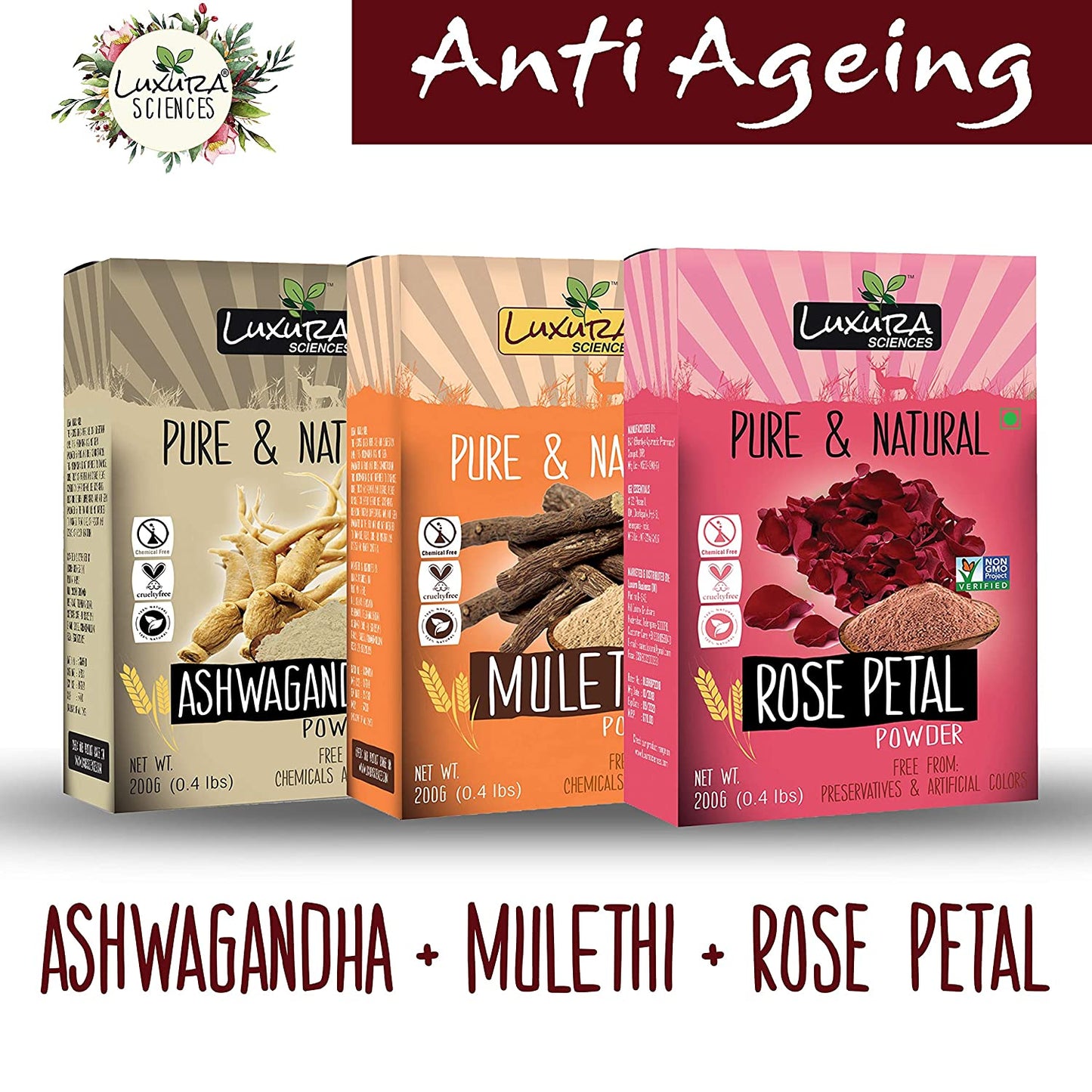 Luxura Sciences Natural Skin Care for Anti Ageing Set - Ashwagandha + Mulethi + Rose