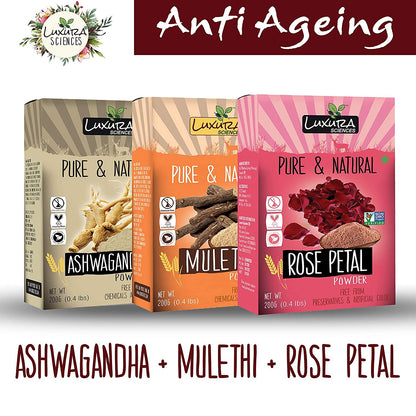 Luxura Sciences Natural Skin Care for Anti Ageing Set - Ashwagandha + Mulethi + Rose