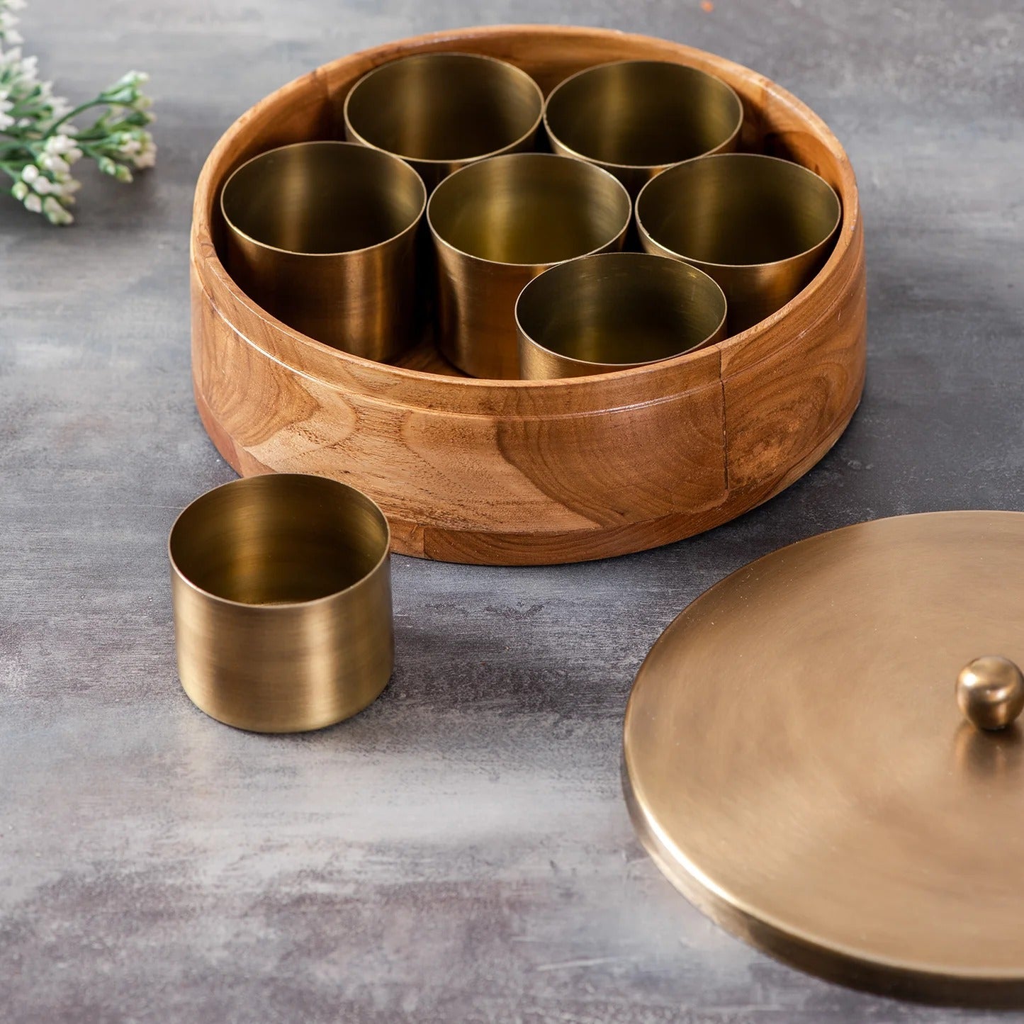 Nestroots Classic Acacia Wood Masala Box Gold Teak Wood 7 Jars