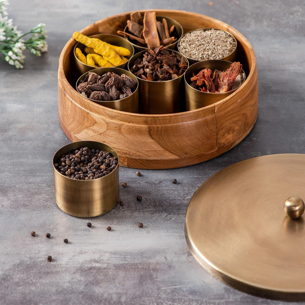 Nestroots Classic Acacia Wood Masala Box Gold Teak Wood 7 Jars