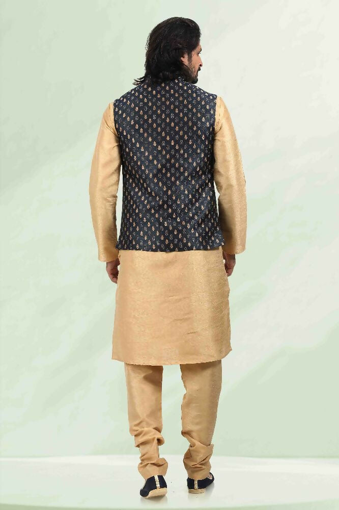 Raivat Ethnic Jacquard Banarasi Silk Woven Work 3 Pics Jacket Set In Blue Colour