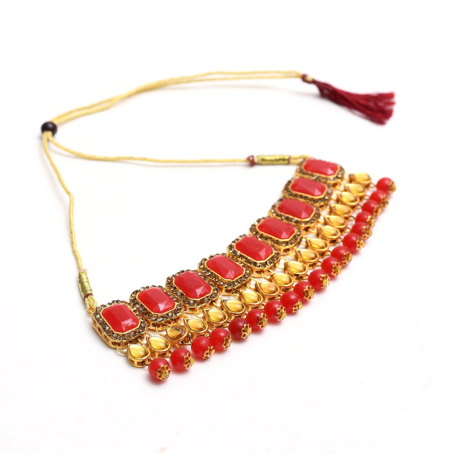 Mominos Fashion Johar Kamal Gold-Polished Brass Finish Kundan/Pearls Choker For Women (Red)