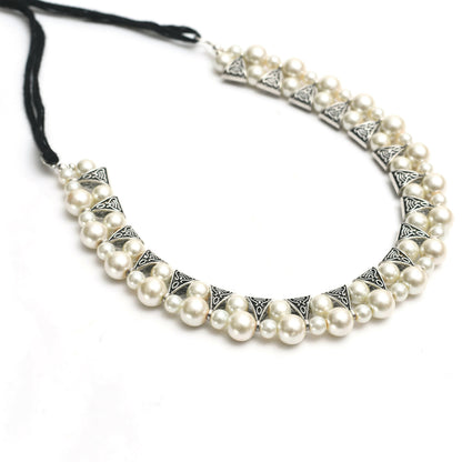 Mominos Fashion Johar Kamal Silver-Plated Brass Finish Pearls Work Choker For Women (White)
