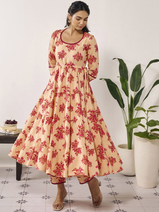 Anayna Floral Printed Pure Cotton Anarkali Kurta with Trousers & Dupatta