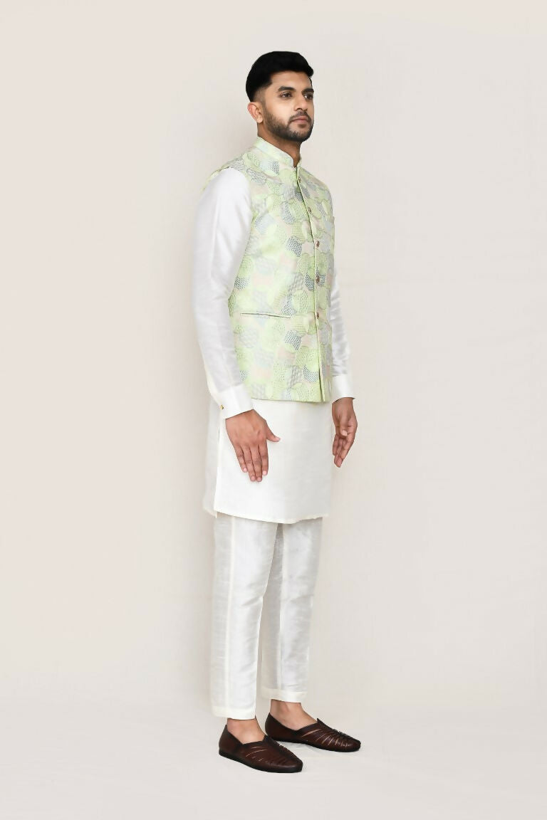 Joban Fashion White Colored Art Silk Fabric Kurta, Jacket With Straight Fit Pant