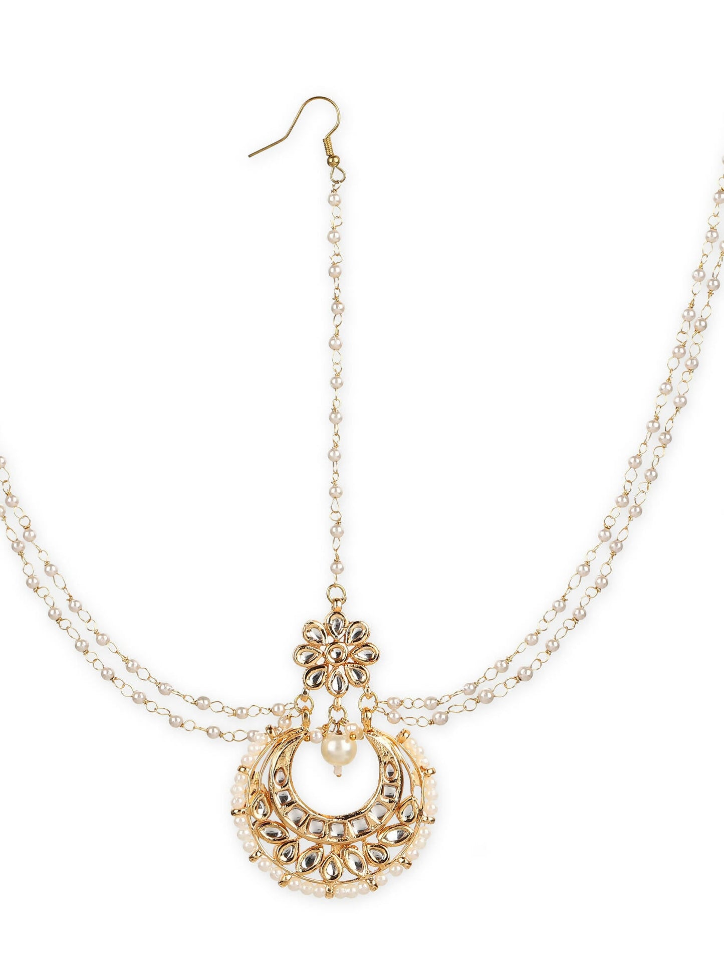 Gold-Polished White Kundan-Studded Faux Pearl Beaded Maathapatti - Ruby Raang