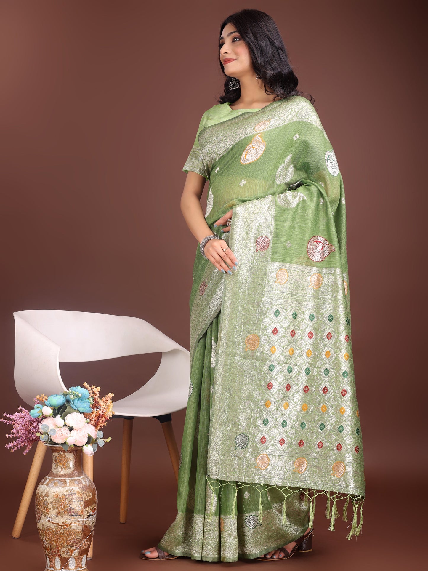 Anaita Light Green Linen Cotton With Jacquard Work And Zari Weaving Saree With Blouse