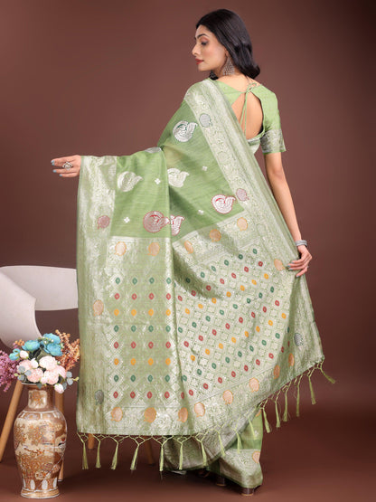 Anaita Light Green Linen Cotton With Jacquard Work And Zari Weaving Saree With Blouse