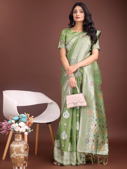 Anaita Light Green Linen Cotton With Jacquard Work And Zari Weaving Saree With Blouse