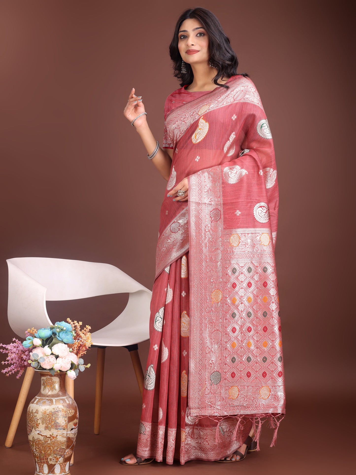 Anaita Pink Linen Cotton With Jacquard Work And Zari Weaving Saree With Blouse
