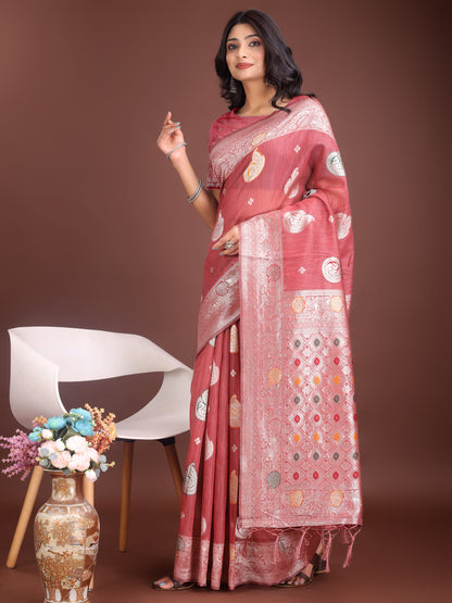 Anaita Pink Linen Cotton With Jacquard Work And Zari Weaving Saree With Blouse