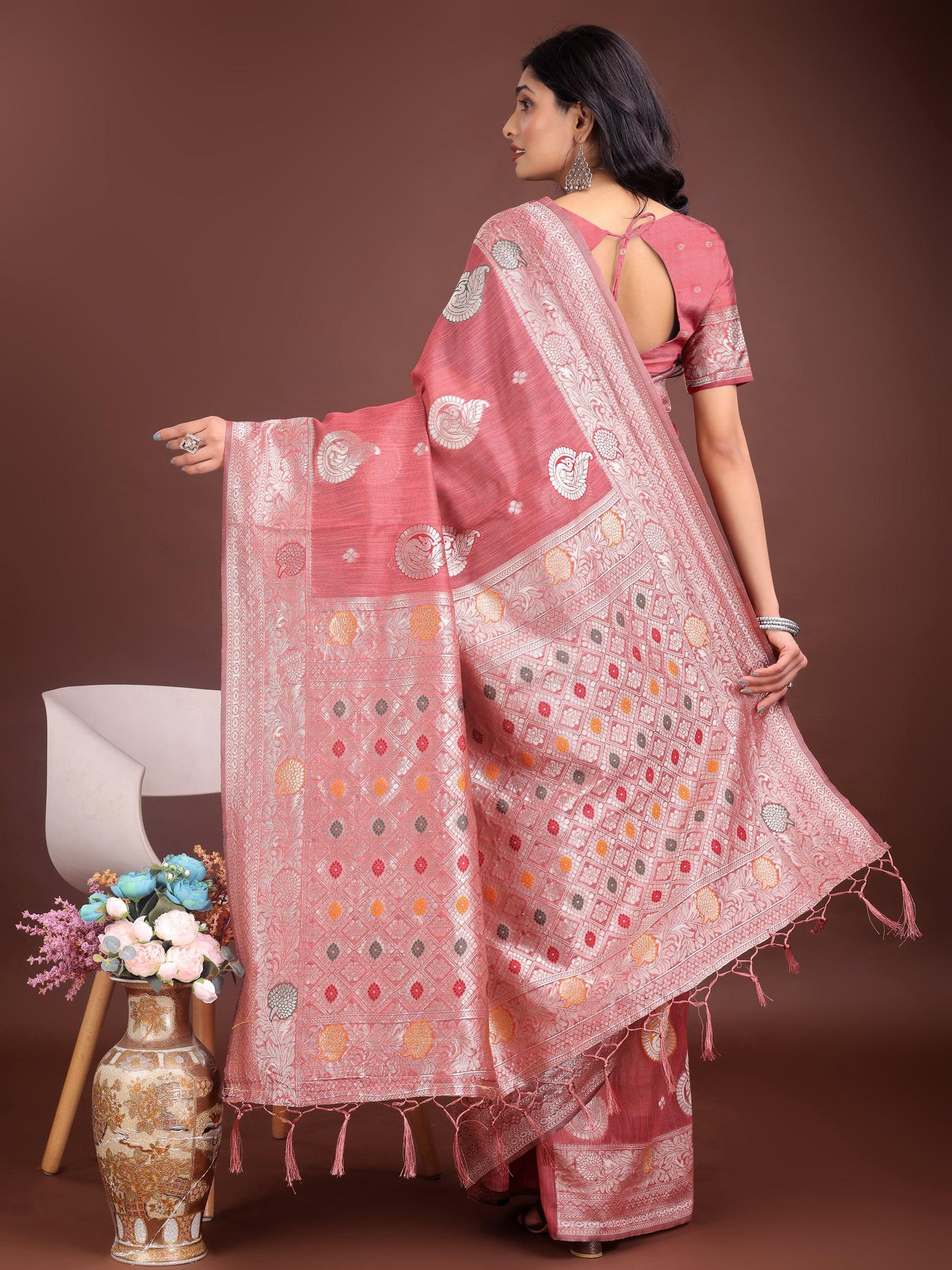 Anaita Pink Linen Cotton With Jacquard Work And Zari Weaving Saree With Blouse