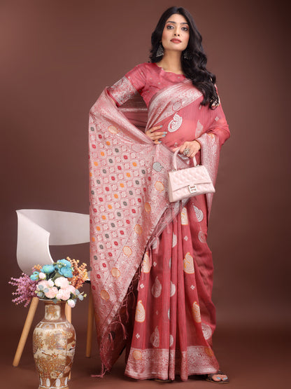 Anaita Pink Linen Cotton With Jacquard Work And Zari Weaving Saree With Blouse