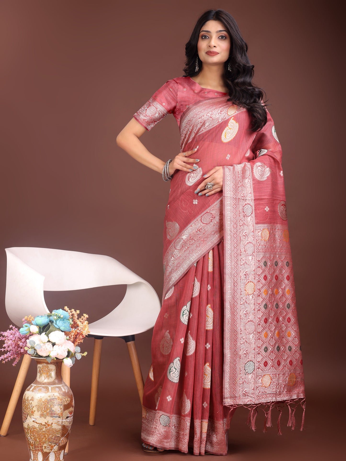Anaita Pink Linen Cotton With Jacquard Work And Zari Weaving Saree With Blouse