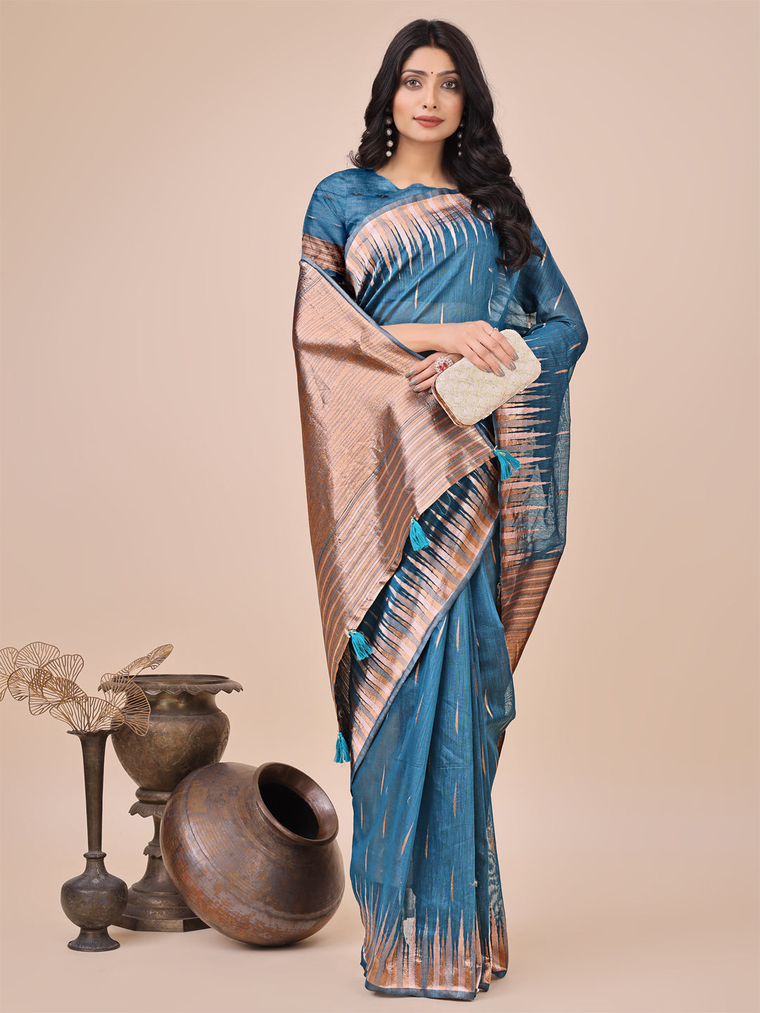 Anaita Blue Linen Cotton With Jacquard Work And Zari Weaving Saree With Blouse