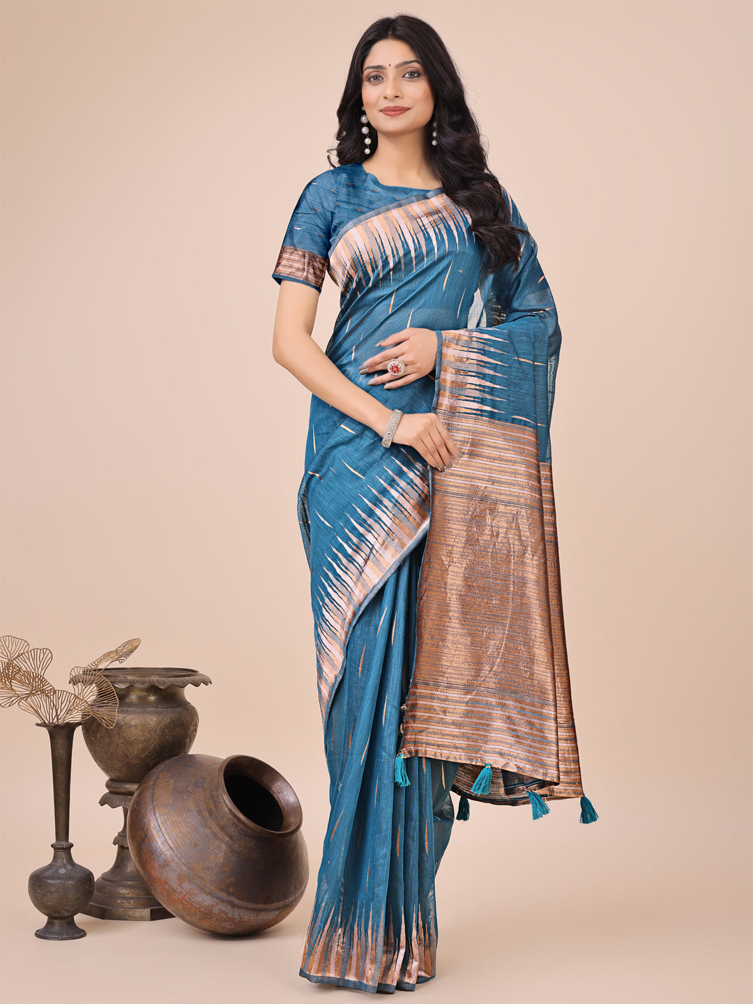 Anaita Blue Linen Cotton With Jacquard Work And Zari Weaving Saree With Blouse