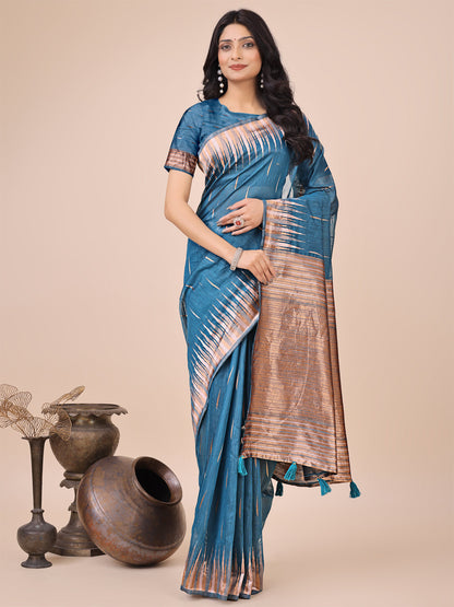 Anaita Blue Linen Cotton With Jacquard Work And Zari Weaving Saree With Blouse