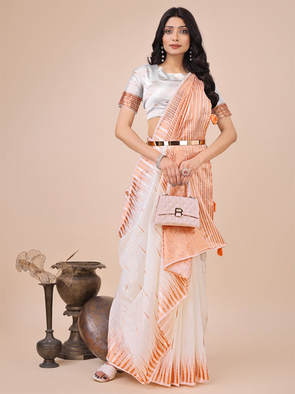 Anaita White Linen Cotton With Jacquard Work And Zari Weaving Saree With Blouse