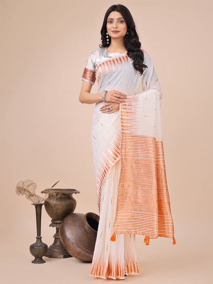 Anaita White Linen Cotton With Jacquard Work And Zari Weaving Saree With Blouse