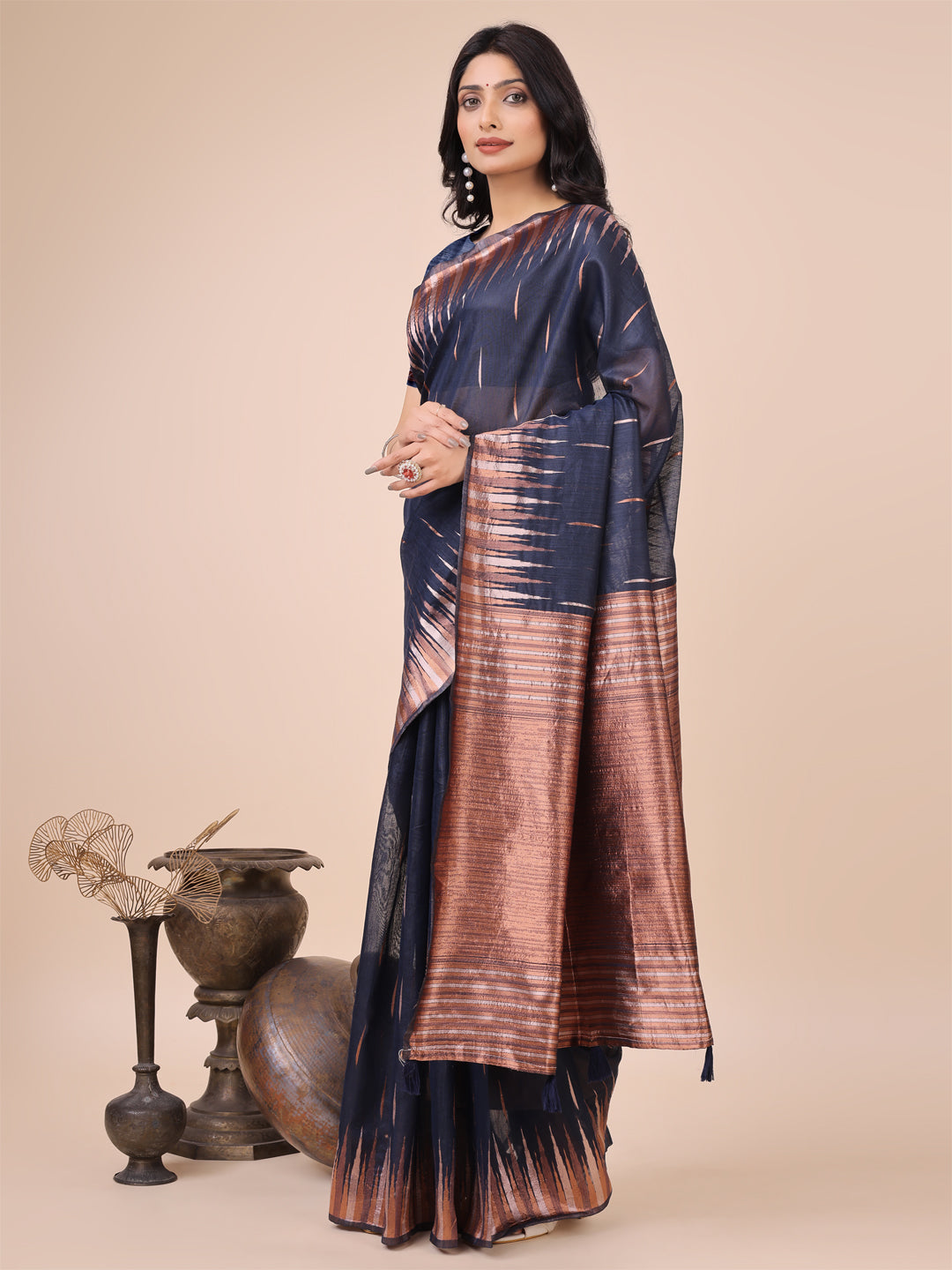 Anaita Navy Blue Linen Cotton With Jacquard Work And Zari Weaving Saree With Blouse