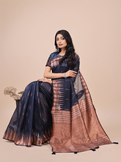 Anaita Navy Blue Linen Cotton With Jacquard Work And Zari Weaving Saree With Blouse