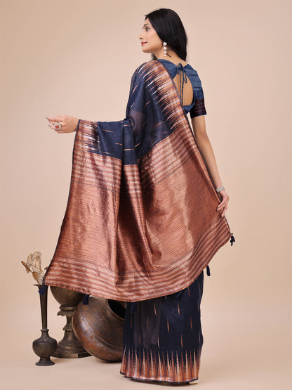 Anaita Navy Blue Linen Cotton With Jacquard Work And Zari Weaving Saree With Blouse