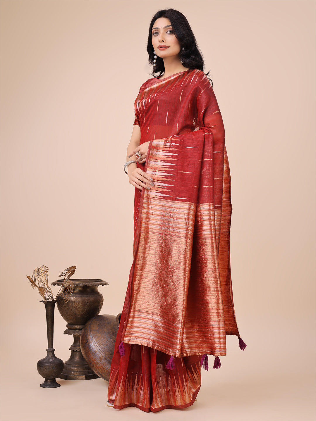 Anaita Red Linen Cotton With Jacquard Work And Zari Weaving Saree With Blouse