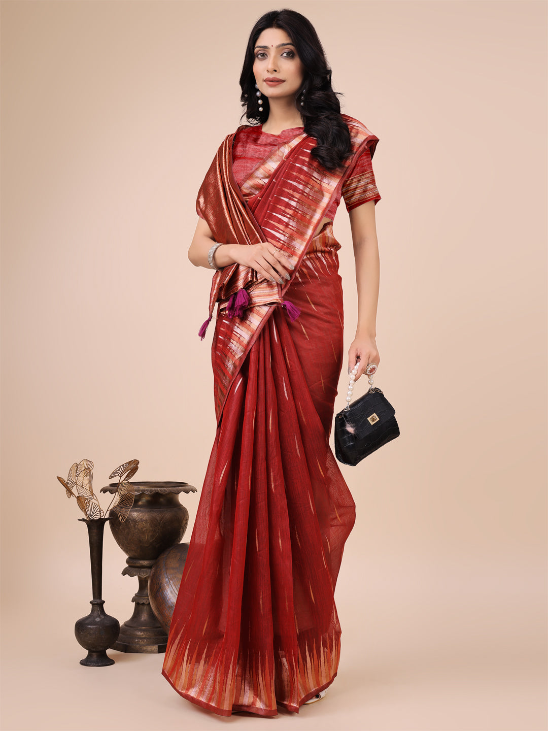 Anaita Red Linen Cotton With Jacquard Work And Zari Weaving Saree With Blouse