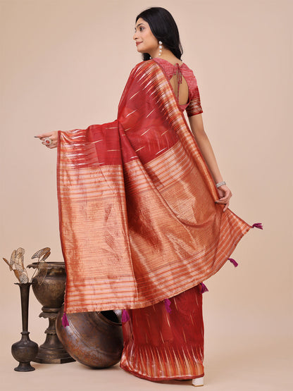 Anaita Red Linen Cotton With Jacquard Work And Zari Weaving Saree With Blouse