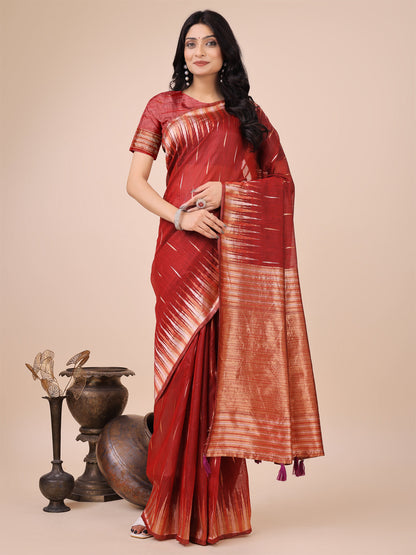 Anaita Red Linen Cotton With Jacquard Work And Zari Weaving Saree With Blouse