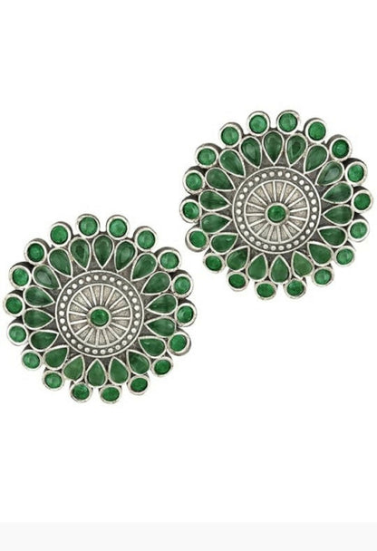 Mominos Fashion Johar Kamal Oxidised Silver-Plated Brass Finish Kundan Choker For Women (Green)