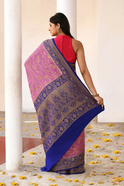 Joban Fashion Nude Pink Crepe Chiffon Pure Handloom Banarasi Silk Saree