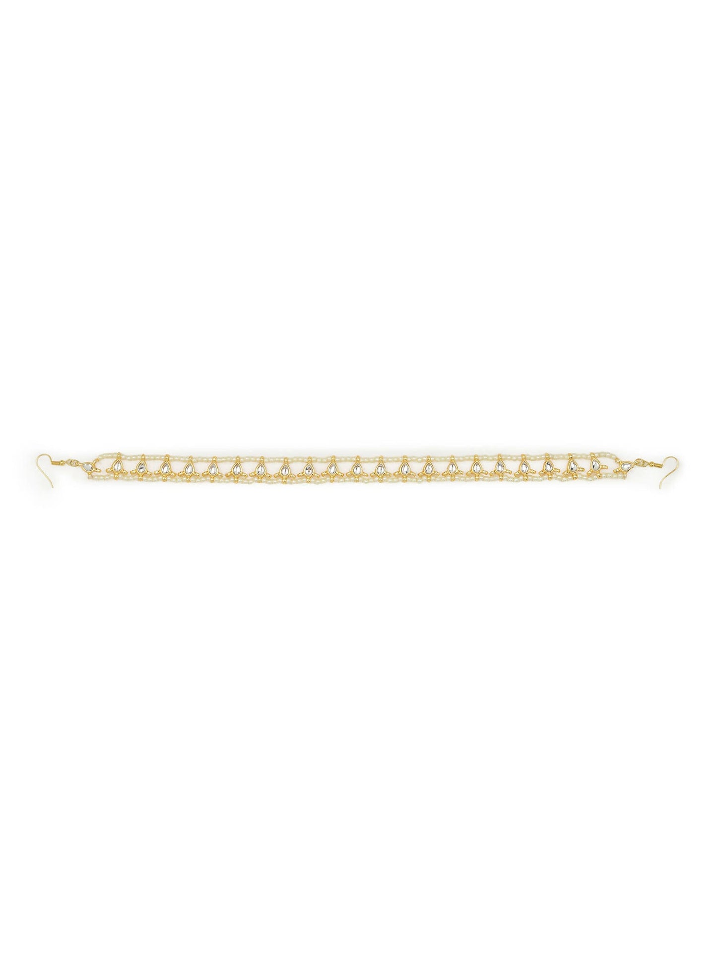 Gold-Polished White Kundan-Studded Pearl Beaded Hair Band - Ruby Raang