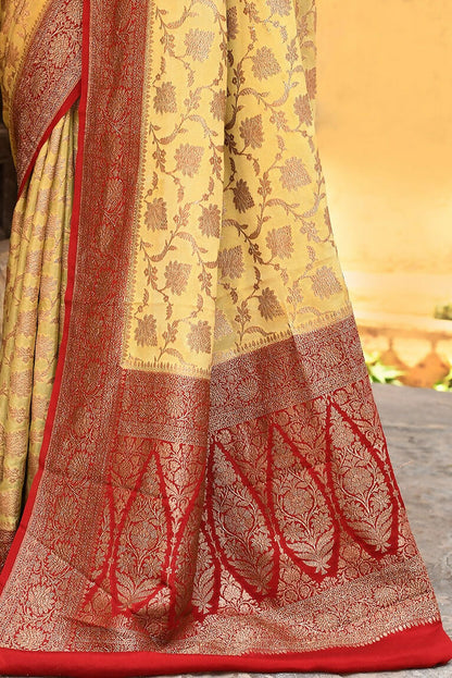 Joban Fashion Yellow Crepe Chiffon Pure Handloom Banarasi Silk Saree