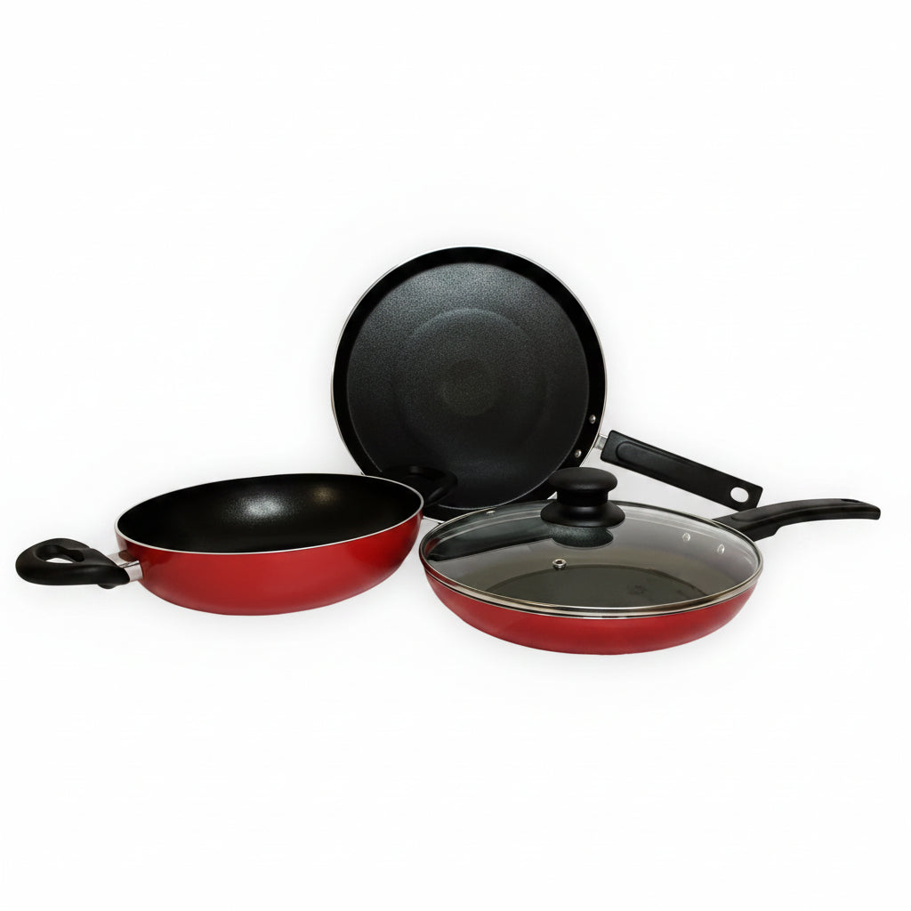 USHA SHRIRAM Non-Stick Set Tawa + Kadai + Frying Pan with Lid 1pc Multipurpose Red