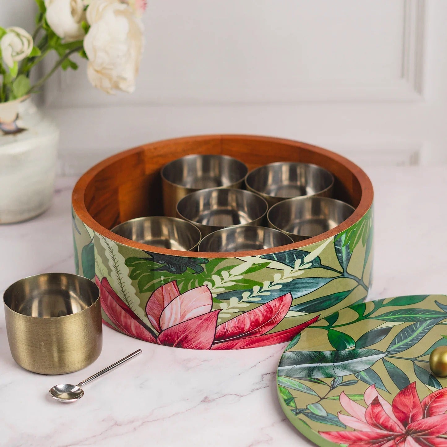 Nestroots Allure Mango Wood Masala Box Green with 7 Stainless Steel Jars