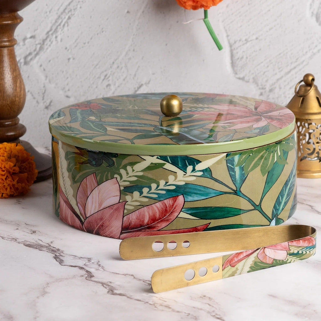 Nestroots Allure Roti Box with Tong Green Printed Mango Wood