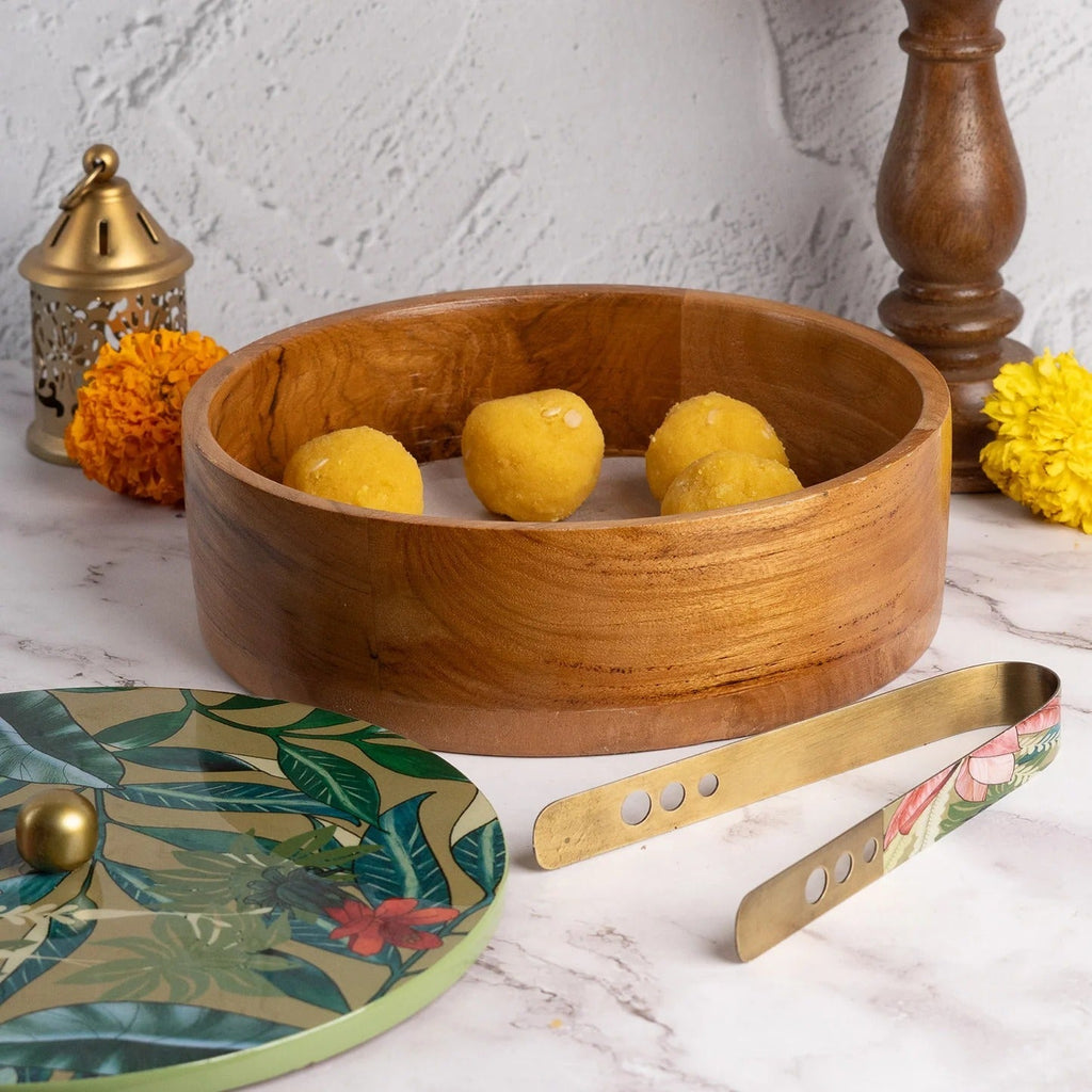 Nestroots Allure Teak Wood Roti Box with Tong Green Enamel Print