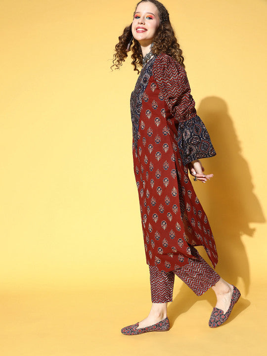 Anayna Women Maroon Pure Cotton All in the Details Kurta Set