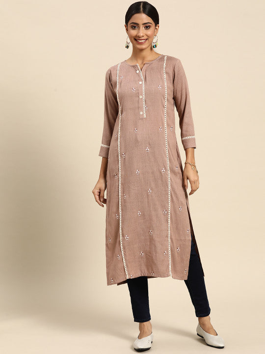Sangria Women Brown & White Ethnic Motifs Embroidered Panelled Kurta