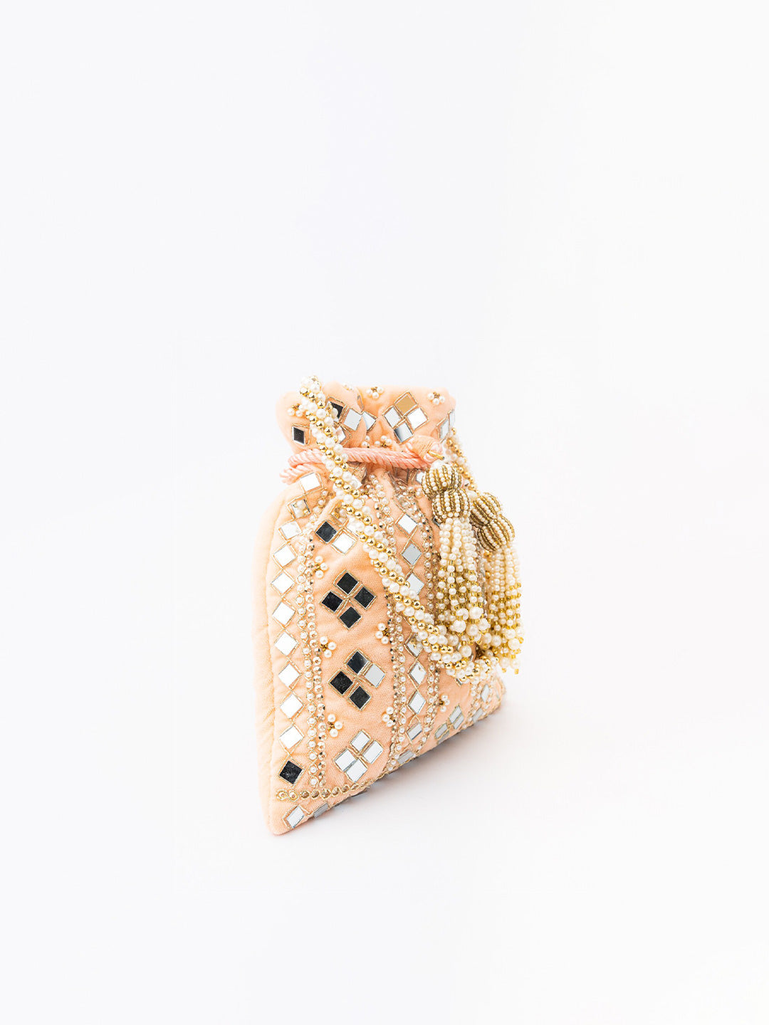 NR By Nidhi Rathi Peach-Coloured & White Embroidered Potli Clutch