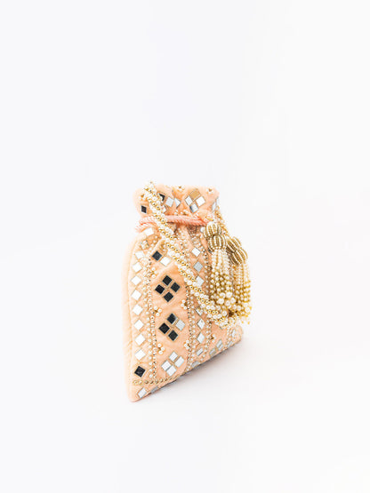 NR By Nidhi Rathi Peach-Coloured & White Embroidered Potli Clutch