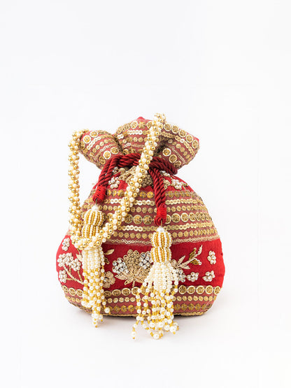 NR By Nidhi Rathi Maroon & Gold-Toned Persia Embroidered Potli Clutch