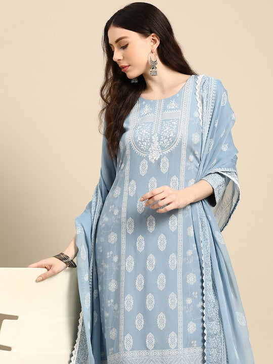 Anouk Floral Foil Printed Regular Kurta With Trousers & Dupatta