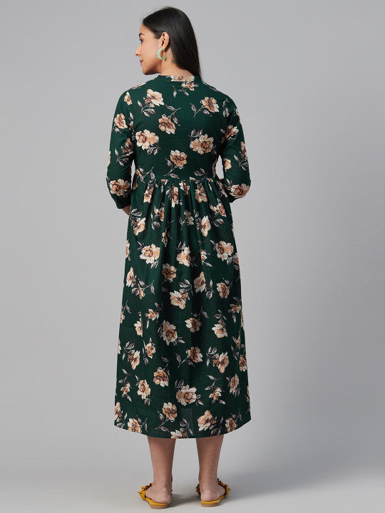 Anayna Green & Beige Floral Print Cotton Maternity A-Line Dress
