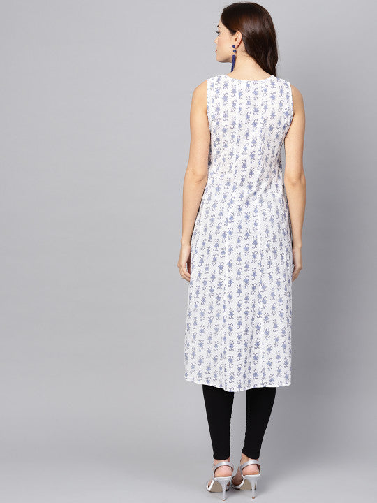 Anayna Women White & Blue Printed A-Line Kurta