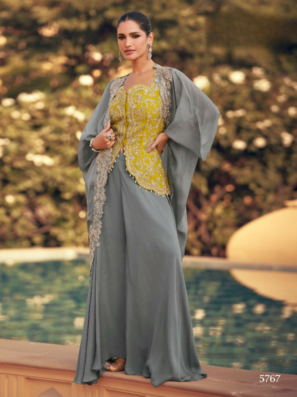 Anaita grey Chinon Readymade Shrug Suit with Heavy Embroidery Work